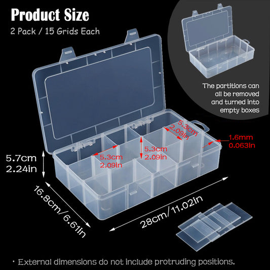 2 Pack Clear Plastic Organizer Box (15 Girds) with Movable Dividers Containers
