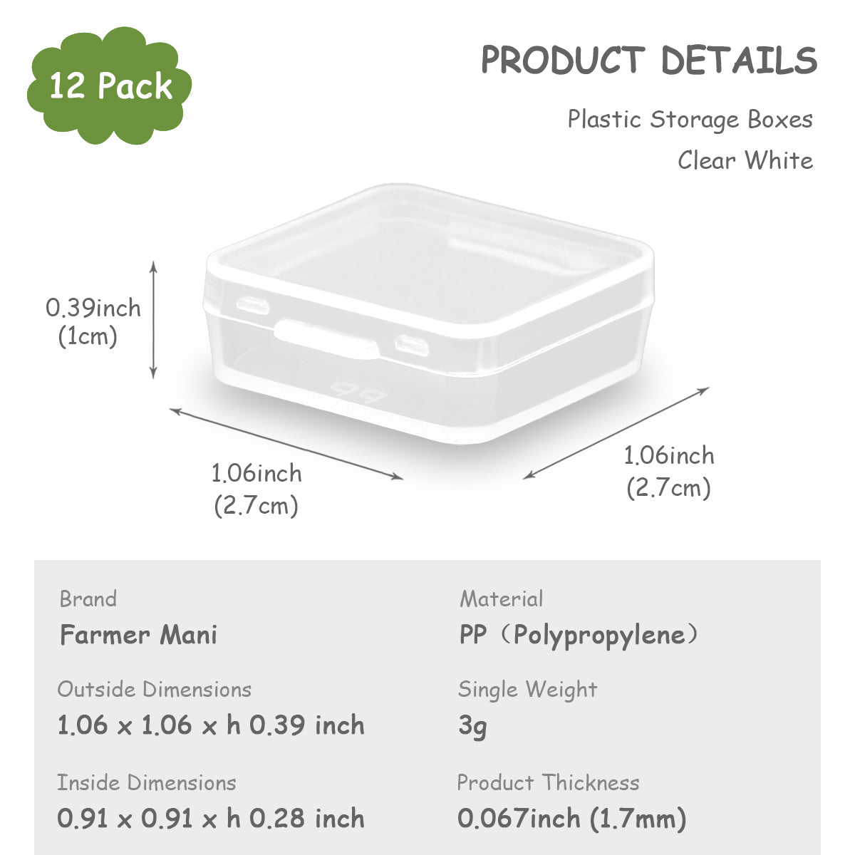 12 Pack Clear Square Plastic Beads Storage (1.06 x 1.06 x 0.39 Inch)
