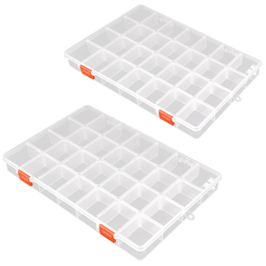 2 Pack 28 Grids Clear Bead Storage Containers with Adjustable Compartment Dividers