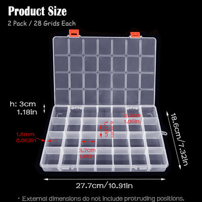 2 Pack 28 Grids Clear Bead Storage Containers with Adjustable Compartment Dividers