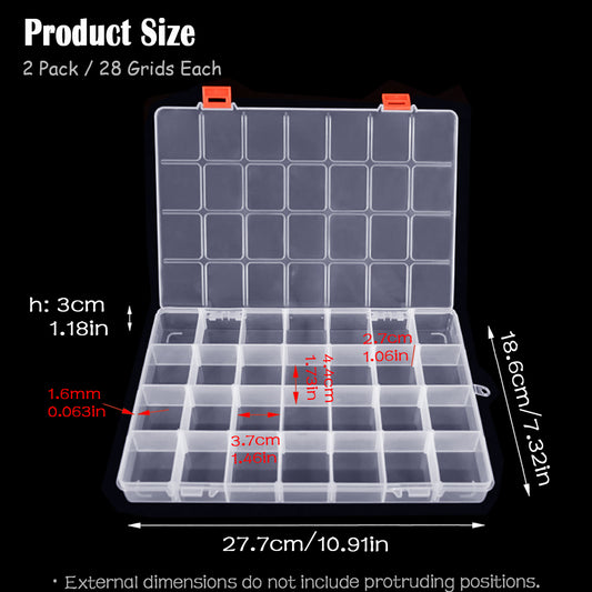 2 Pack 28 Grids Clear Bead Storage Containers with Adjustable Compartment Dividers
