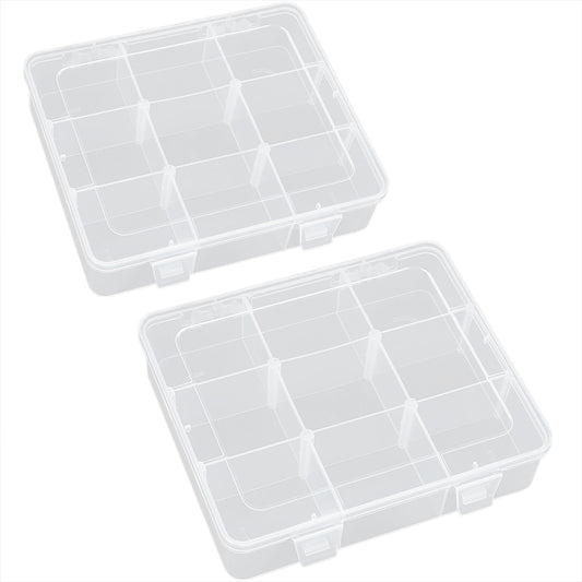 2 PCS Clear Plastic Organizer Box Container Craft Storage with Adjustable Dividers (9 Girds)