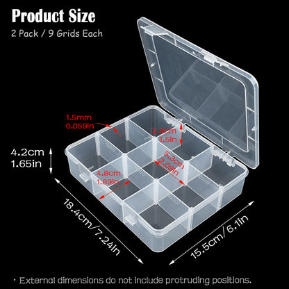 2 PCS Clear Plastic Organizer Box Container Craft Storage with Adjustable Dividers (9 Girds)