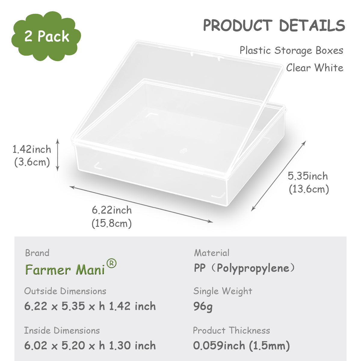 2 Packs Small Plastic Storage Containers (6.22x5.35x1.42 in)