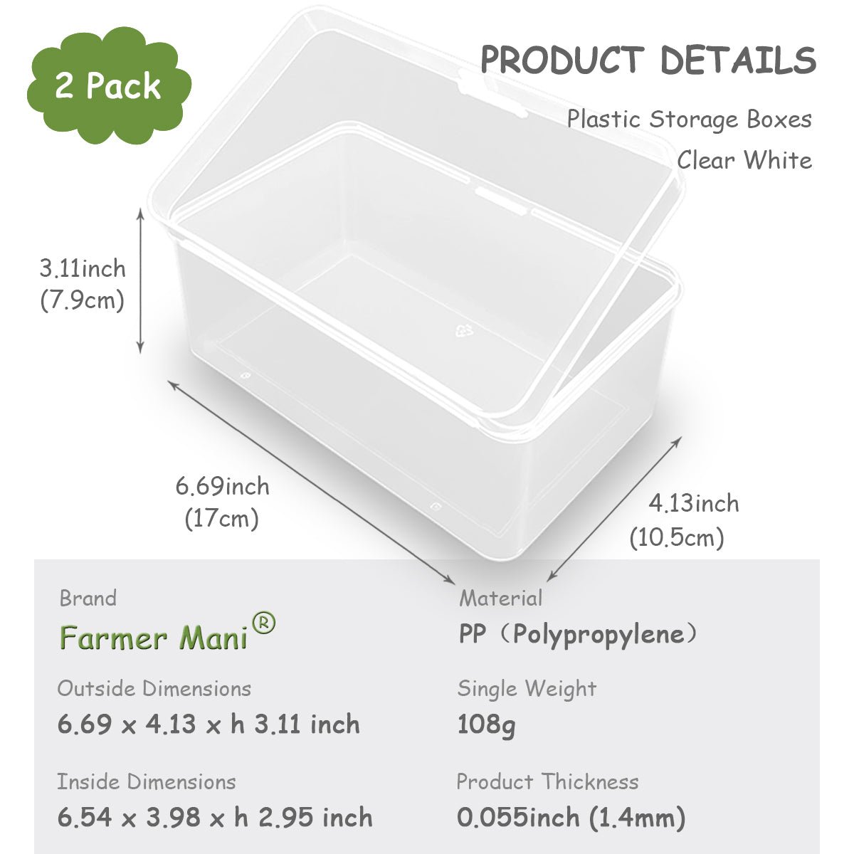 2 Pcs Clear Plastic Storage Case, 6.69 x 4.13 x 3.11 inch