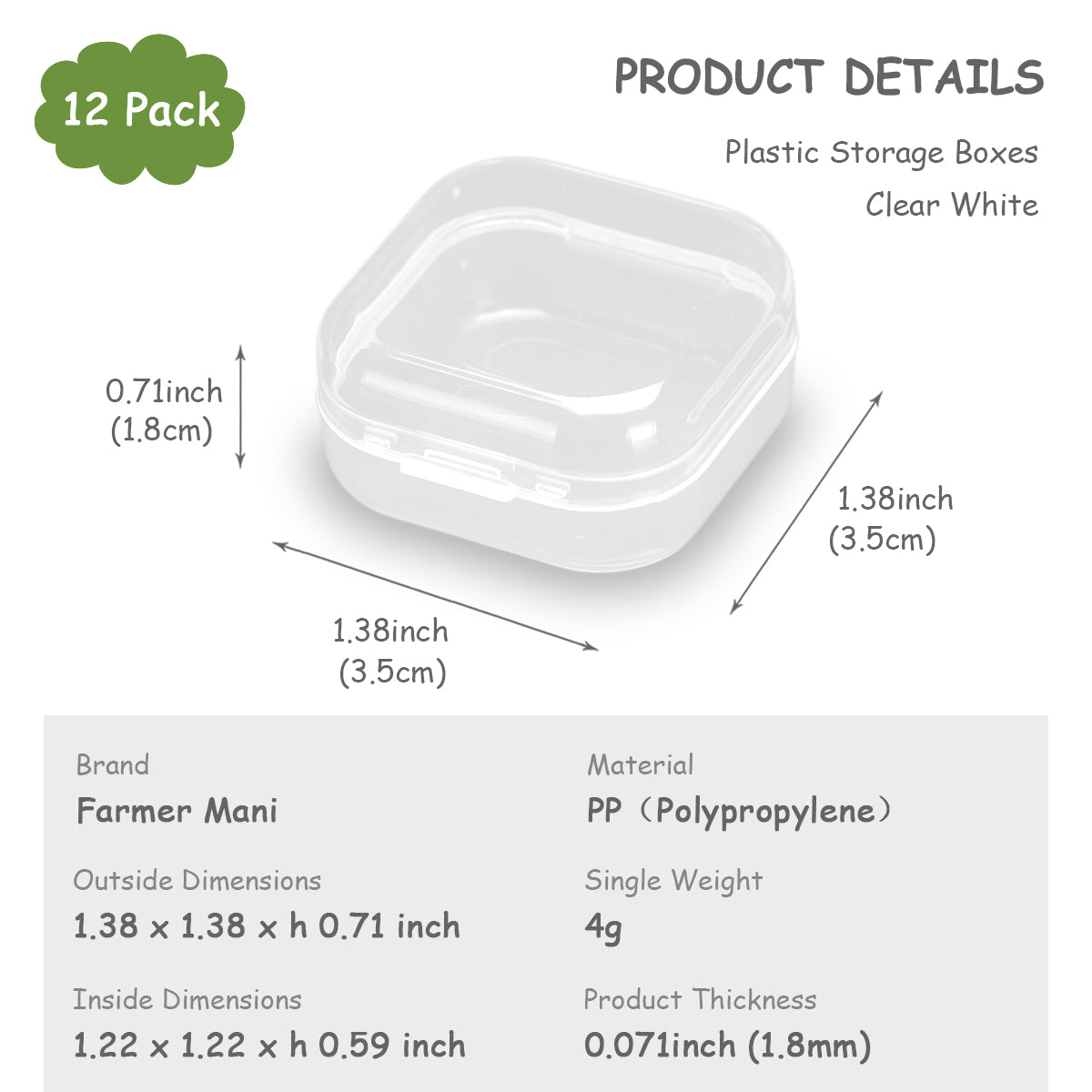 12 PCS Square Empty Mini Clear Plastic Storage Containers (1.38 x 1.38 x 0.71 Inch)