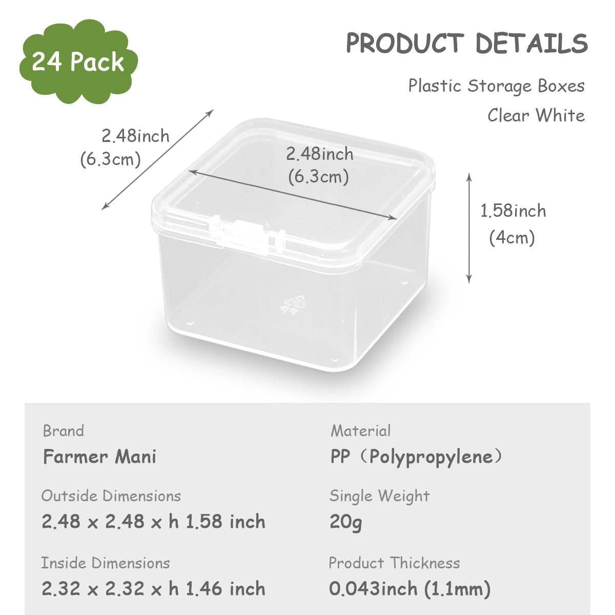 24 Pieces Square Clear Plastic Storage Containers (2.48 x 2.48 x 1.58 inch)