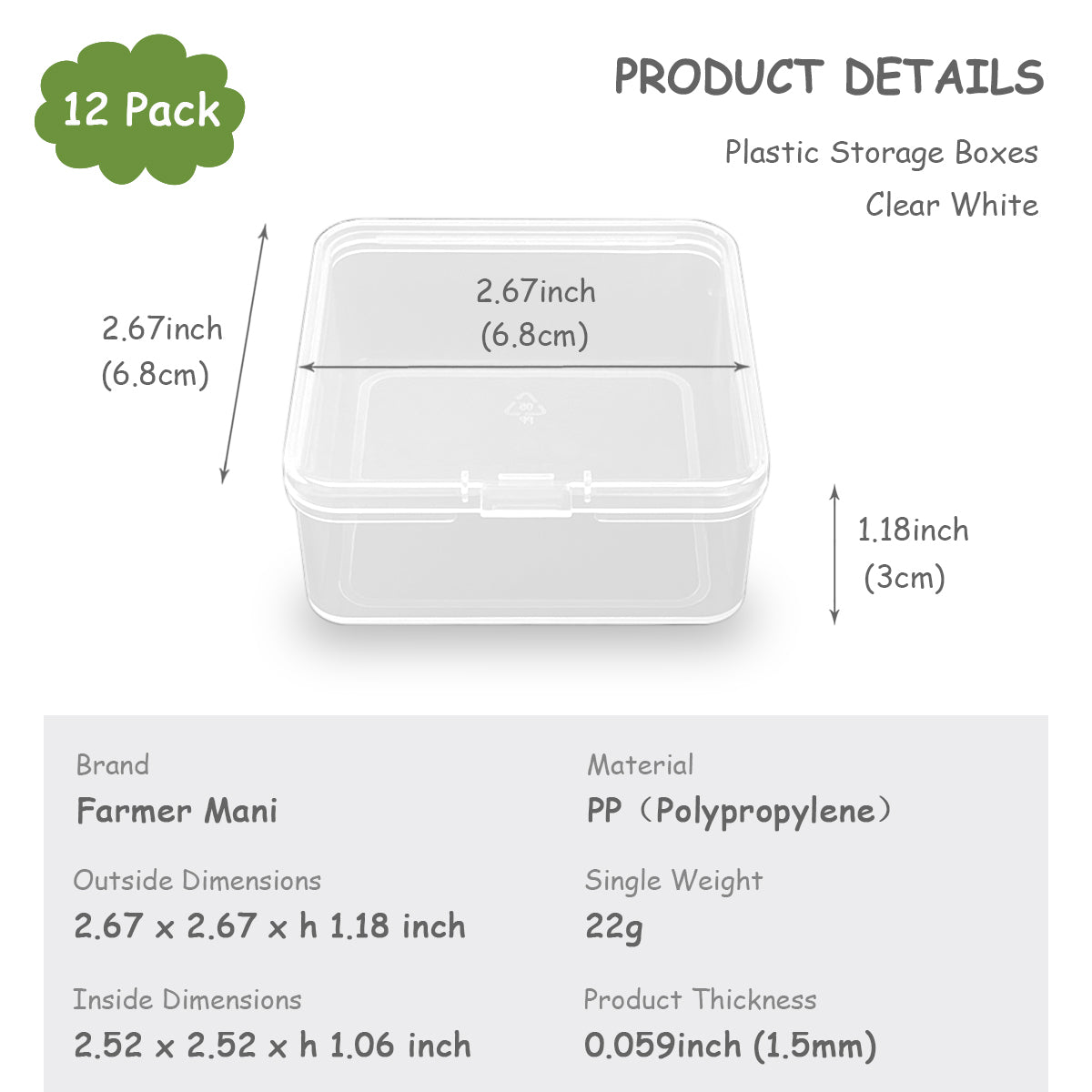 12 Pack Clear Square Plastic Beads Storage Containers Box (2.67 x 2.67 x 1.18 Inch)