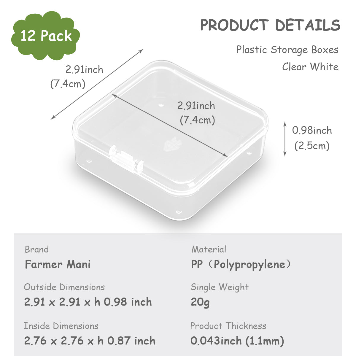 12 PCS Square Empty Mini Clear Plastic Storage Containers (2.91 x 2.91 x 0.98 Inch)