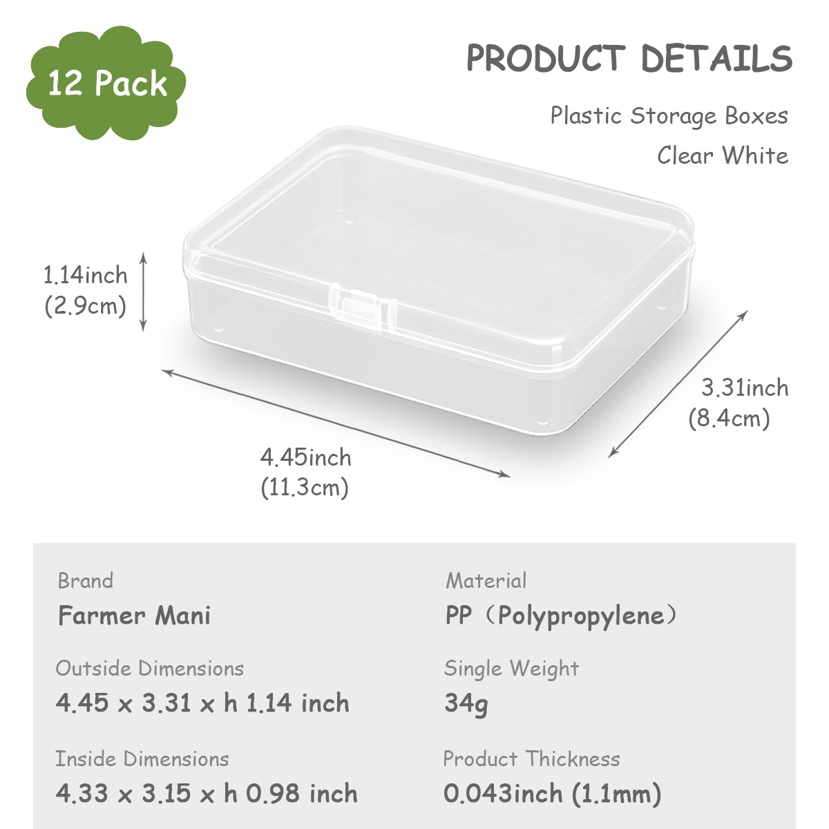 Rectangular Clear Plastic Storage Box Containers (4.45 x 3.31 x 1.14 inch) Pack of 12