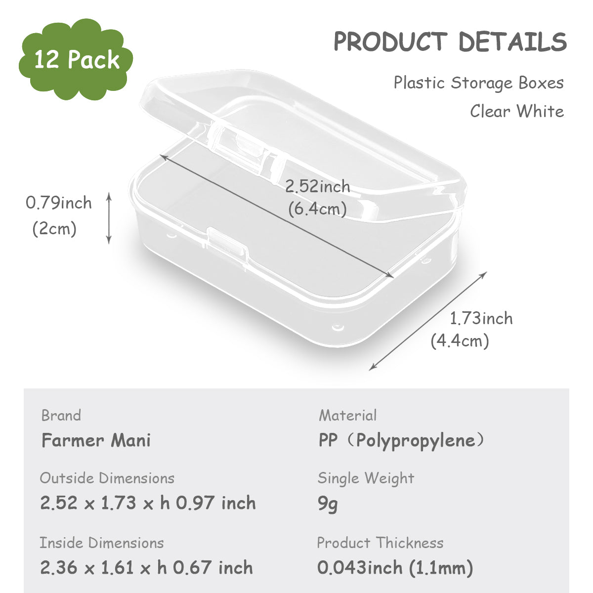12 Pack Rectangle Plastic Clear Storage Containers Box (2.52 x 1.73 x 0.79 Inch)