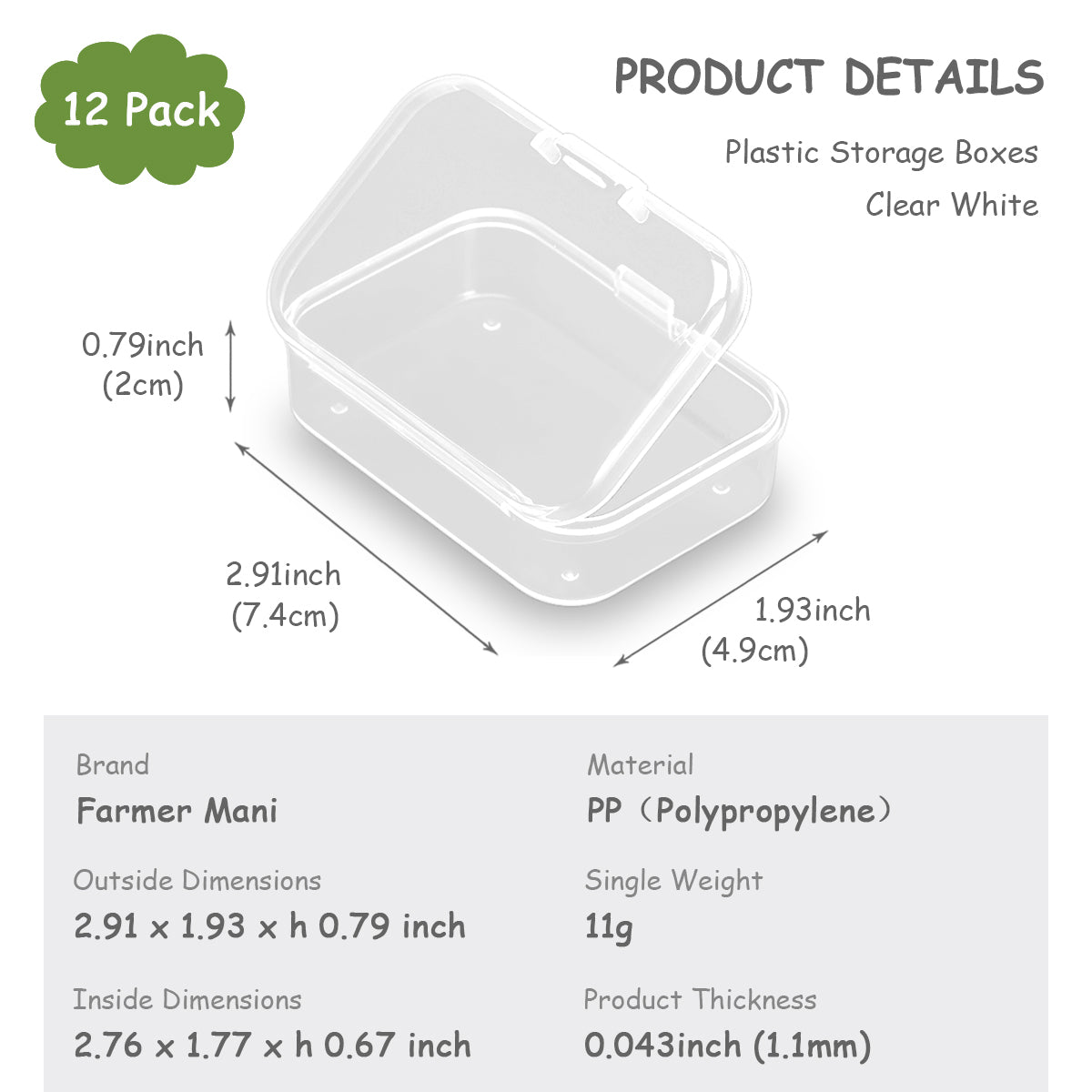 12Pack Rectangle Plastic Clear Storage Containers Box, 2.91x1.93x0.79 Inchs