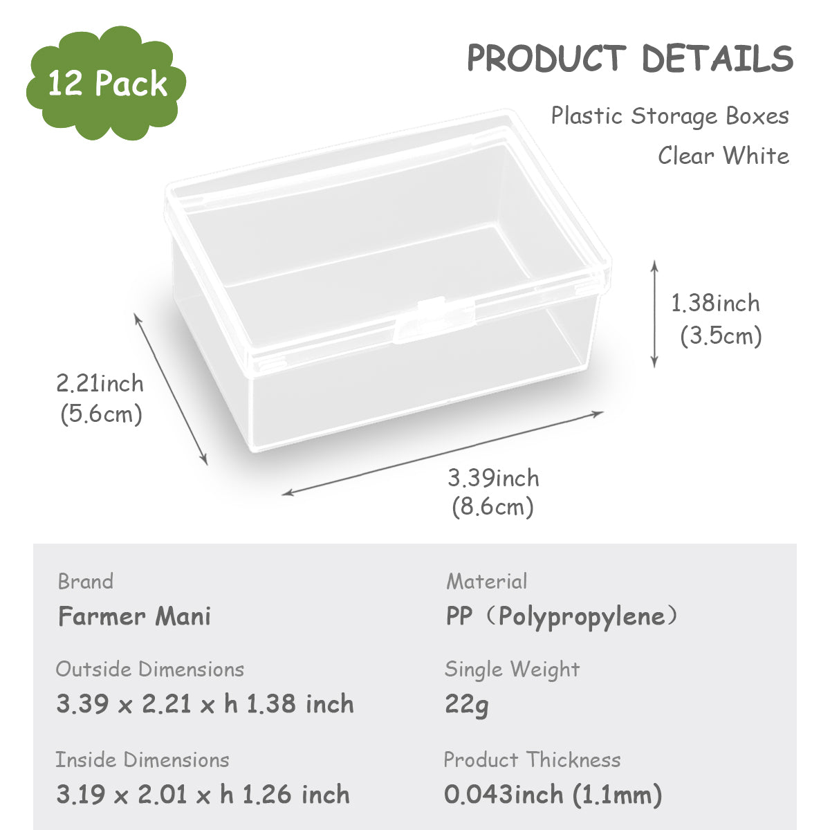 12 Pack Rectangular Clear Plastic Storage Containers, 3.39 x 2.21 x 1.38 Inchs