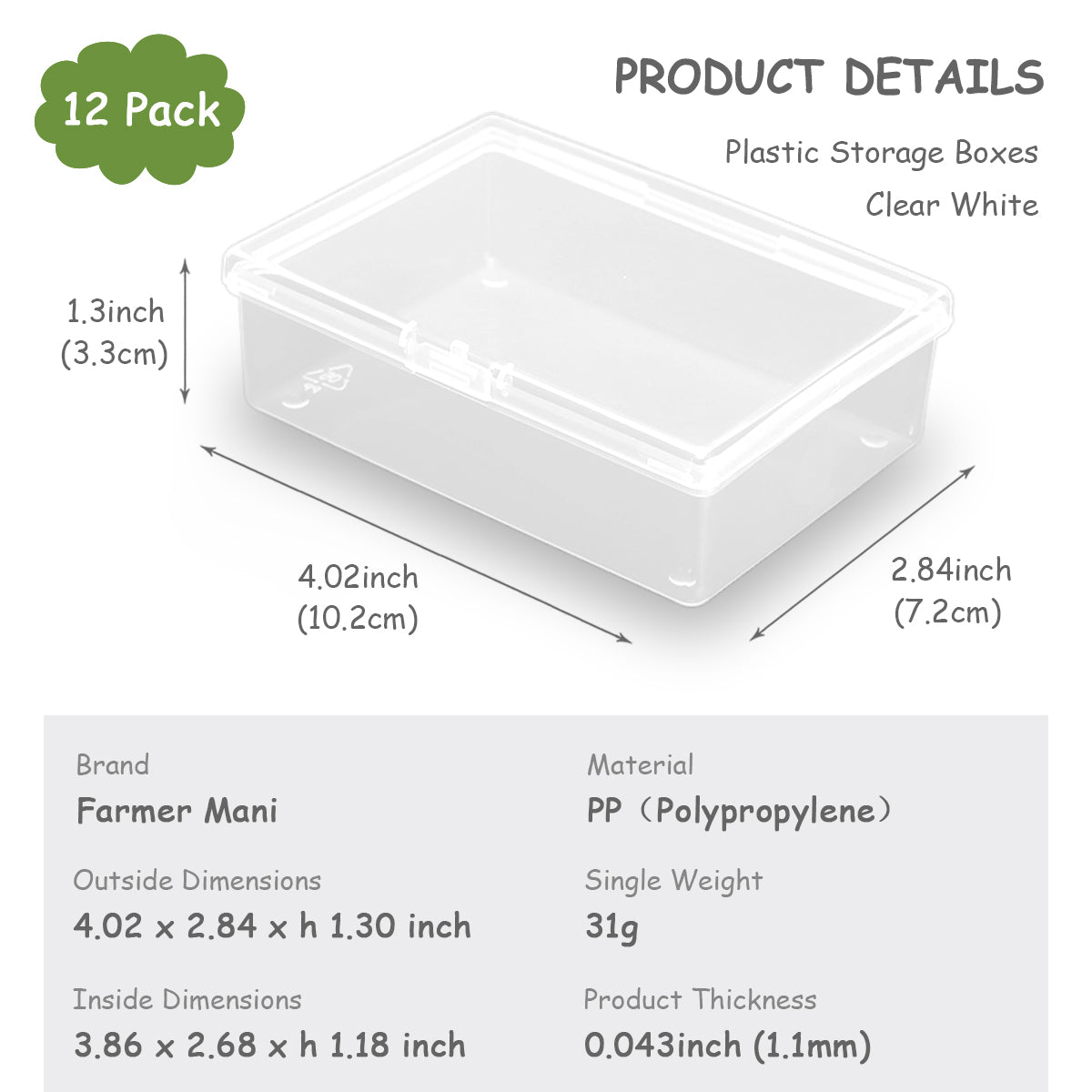12 Pack Rectangle Clear Plastic Beads Storage Containers Box (4.02 x 2.84 x 1.3 Inch)