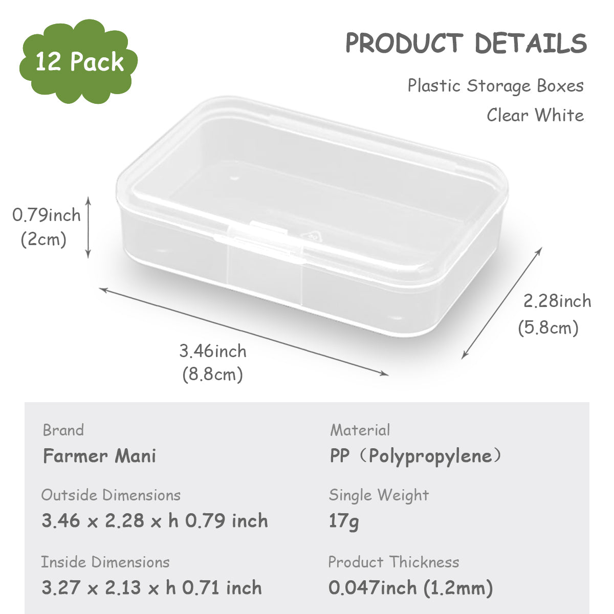 12Pcs Rectangular Mini Plastic Storage Containers (3.46 x 2.28 x 0.79 inch)