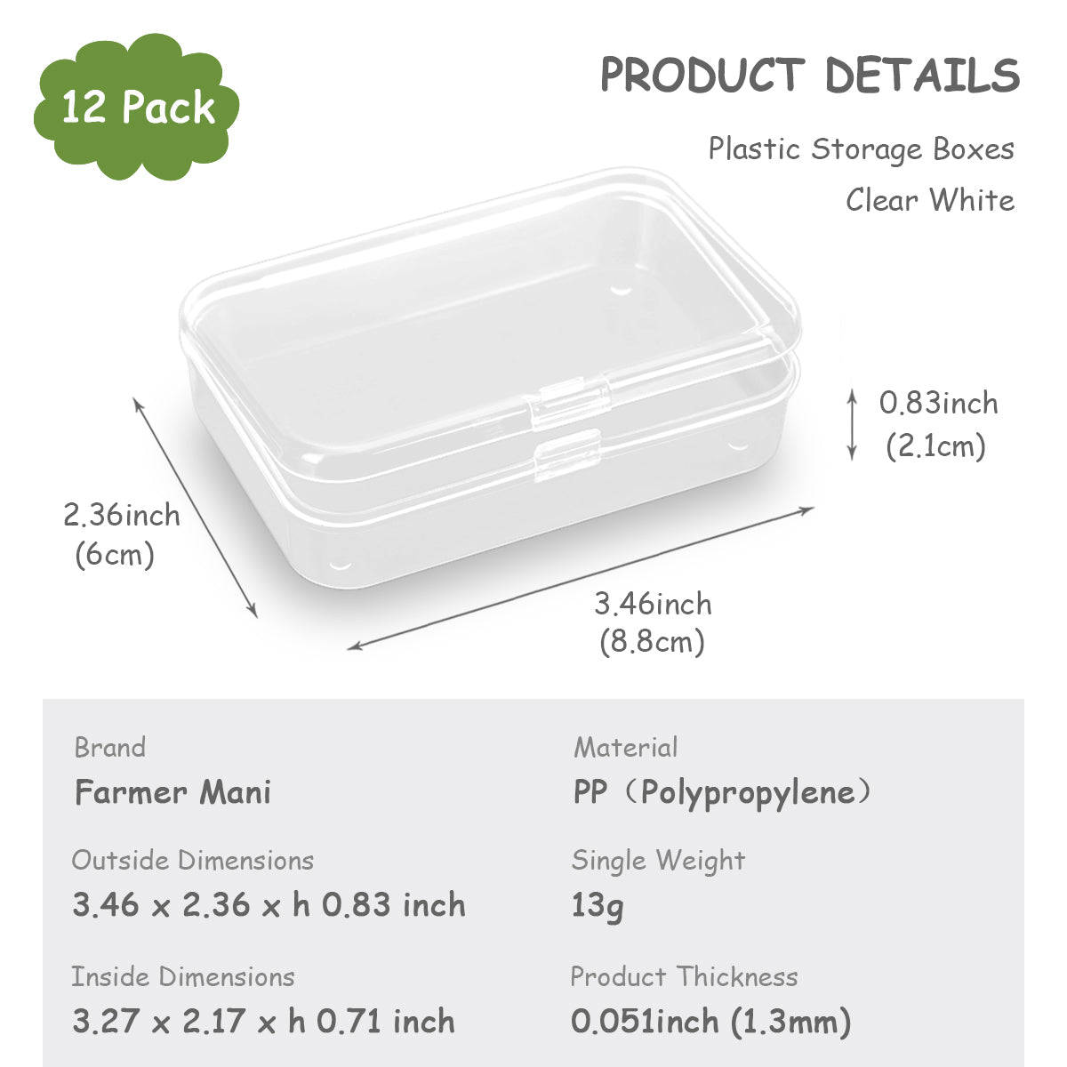 Rectangular Clear Plastic Box Containers (3.46" x 2.36" x 0.83 inch), 12 Pack