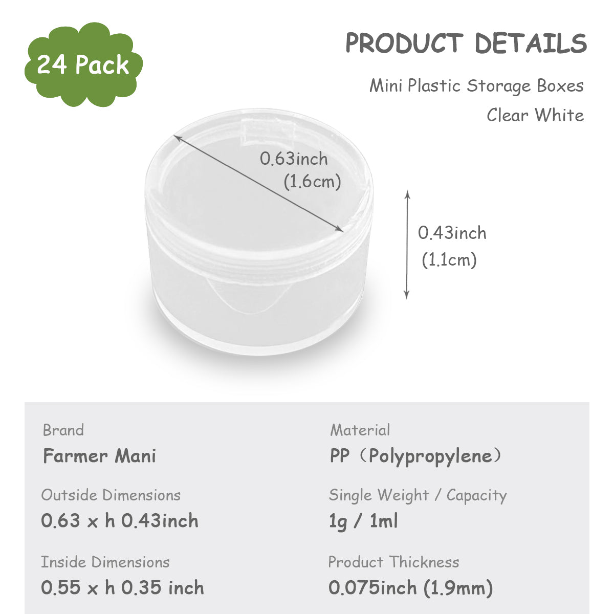 24 Pack Small Round Plastic Containers (0.55 x 0.35 Inch) -0.034 oz