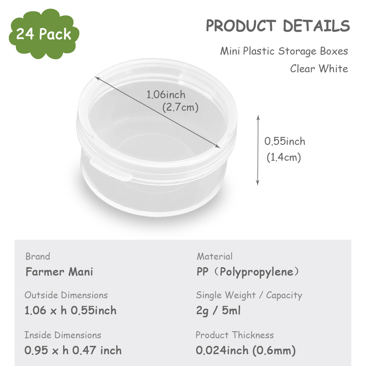 24 Pack 0.17 oz Round Plastic Containers-(D1.06 x H0.55 inch)