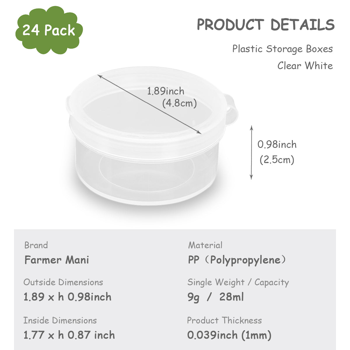 24 PCS 0.95 oz Transparent Round Beads Storage Containers Box (D1.89 x H0.98 Inch)