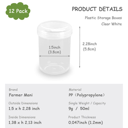 12 Pcs 50ml Clear Plastic Round Beads Storage Containers Box
