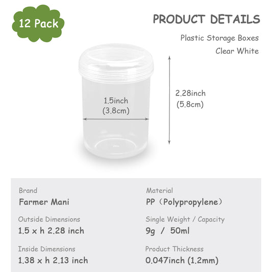 12 Pcs 50ml Clear Plastic Round Beads Storage Containers Box