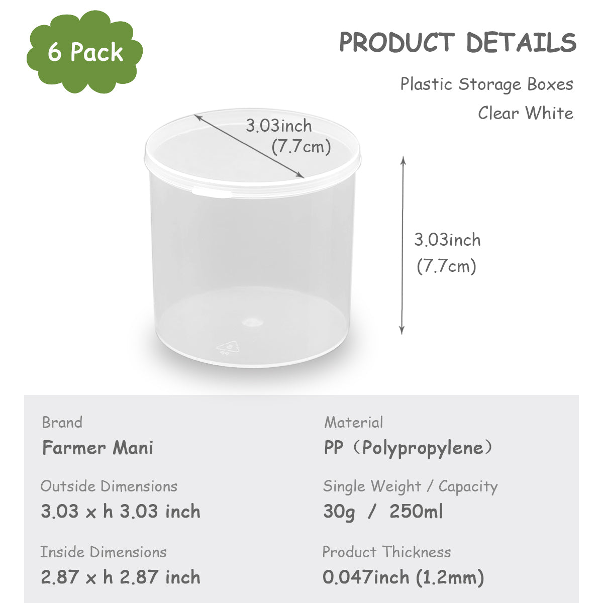 6 Pcs Clear Plastic Round Storage Containers (8.45 oz)