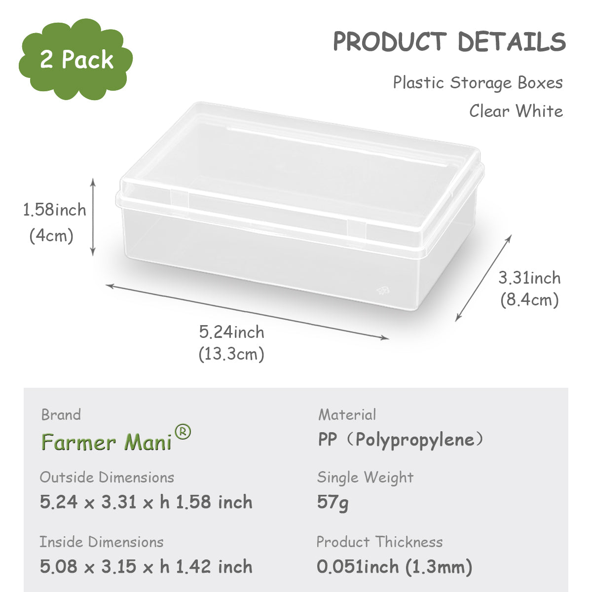 2 Pack Rectangular Clear Small Plastic Storage Containers Box 5.24x3.31x1.58 Inches