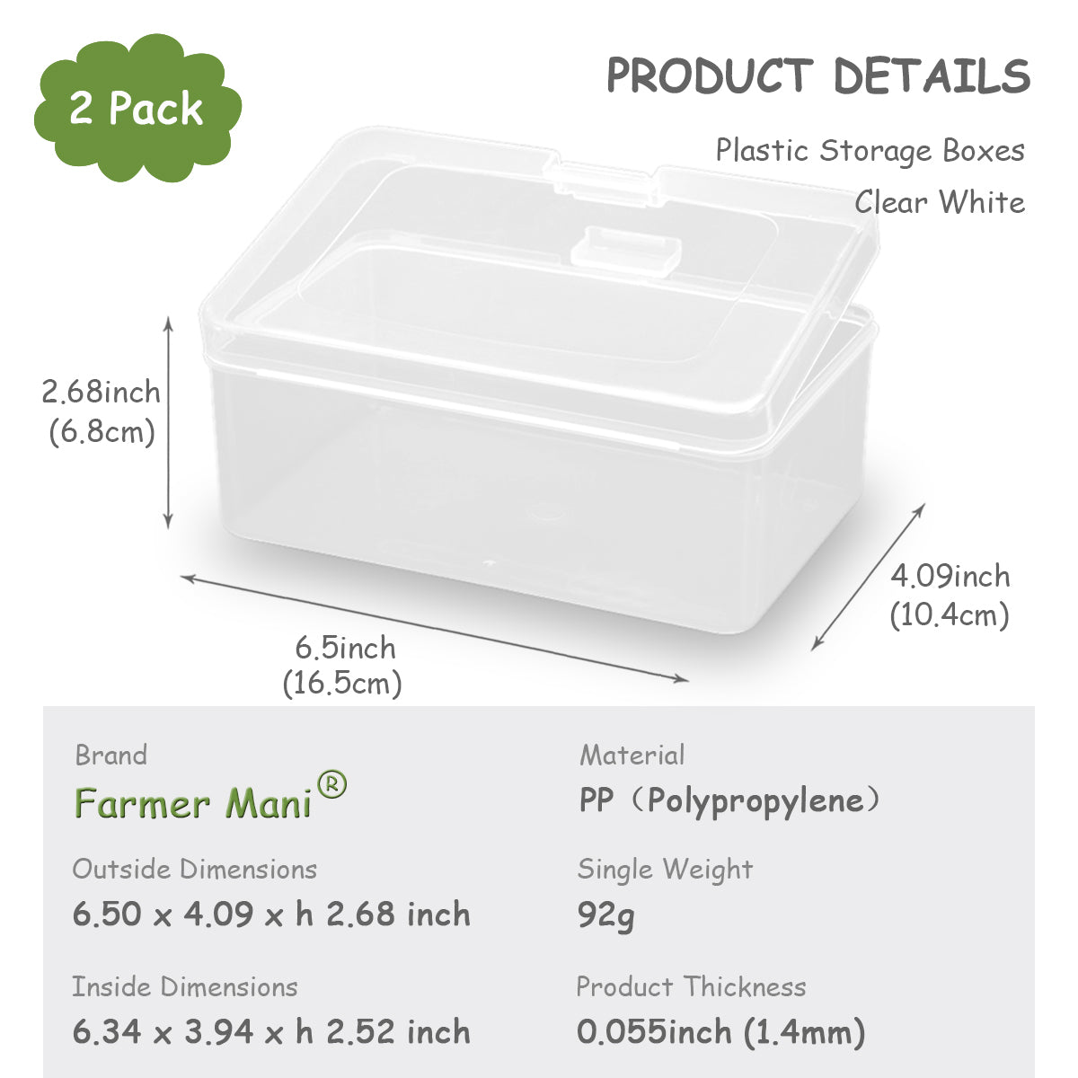 2 Pack Rectangle Plastic Clear Storage Containers Box (6.5 x 4.09 x 2.68 inch)