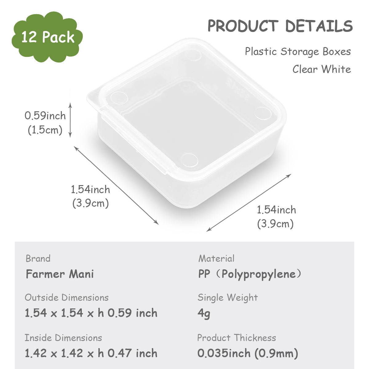 12 Pcs Square Bead Organizers with Lid (1.54 x 1.54 x 0.59 inch)