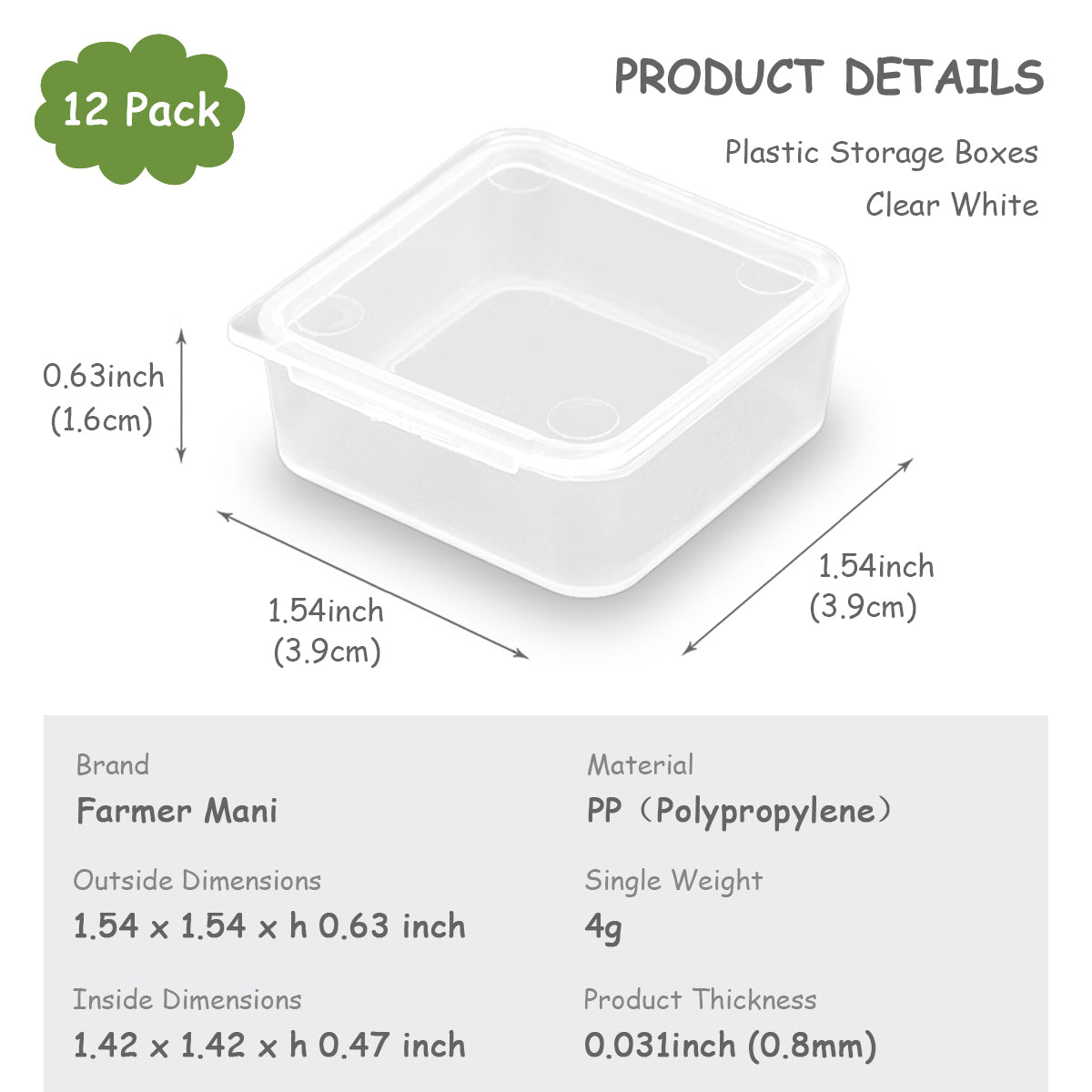 Square Mini Plastic Storage Containers (1.54 x 1.54 x 0.63 inch), 12 Pack