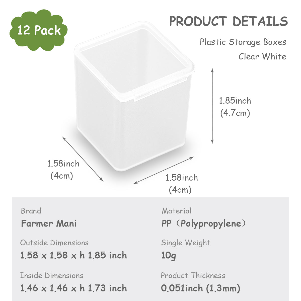 12 PCS Square Plastic Clear Storage Containers Box (1.58 x 1.58 x 1.85 Inch)