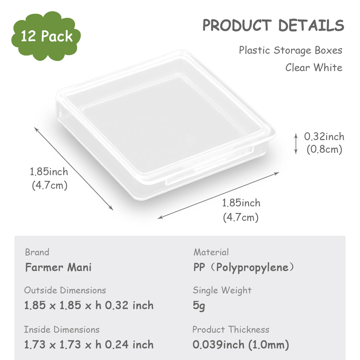 12 Pieces Square Clear Plastic Storage Containers (1.85 x 1.85 x 0.32 inch)