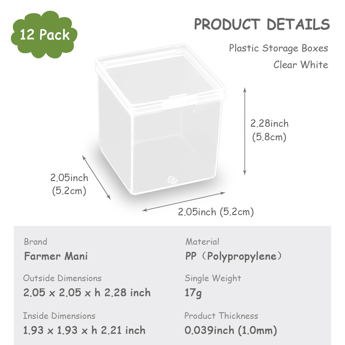 12 Pcs Square Clear Plastic Beads Storage Containers Box (2.05 x 2.05 x 2.28 Inch)
