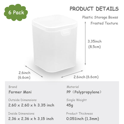 6 Pack Matte Plastic Clear Storage Containers Boxes, 2.6 x 2.6 x 3.35 Inch