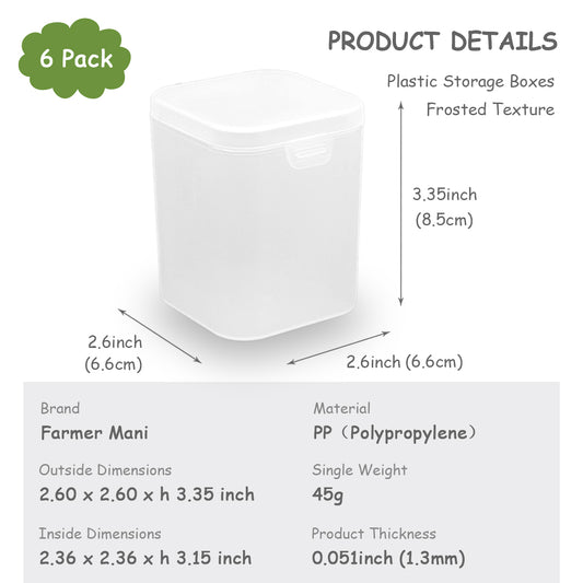 6 Pack Matte Plastic Clear Storage Containers Boxes, 2.6 x 2.6 x 3.35 Inch